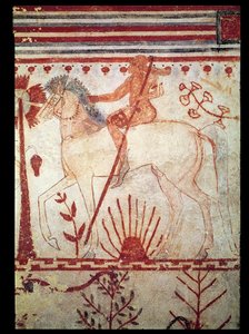 Der Hinterhalt des trojanischen Prinzen Troilus durch Achilles, aus dem Grab der Stiere (Tomba del Tori) um 540 v. Chr. (Wandmalerei)